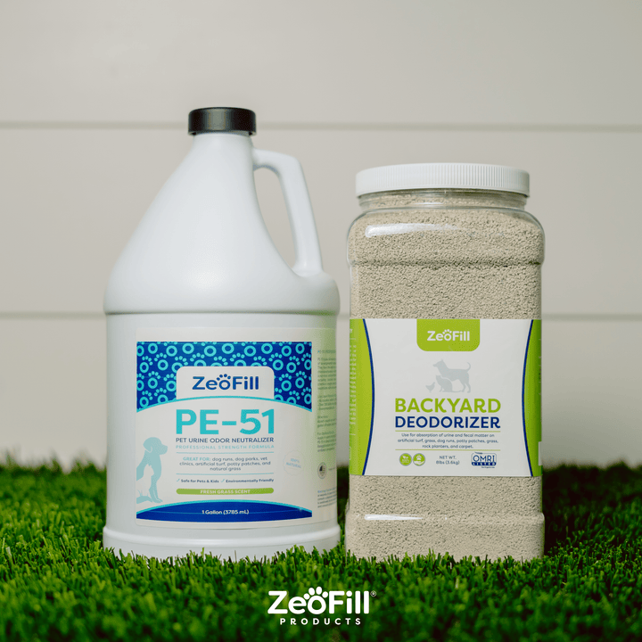PE-51 gallon & 8lb. jar of backyard deodorizer on grass.